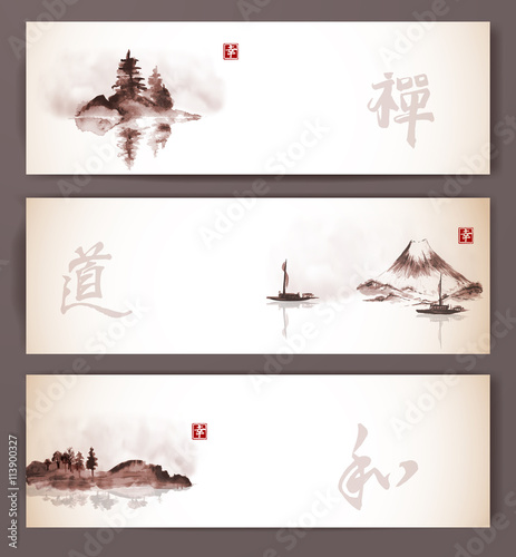 Three banners with islands in fog  Fujiyama mountain and two fishing boats in vintage style. Traditional Japanese ink painting sumi-e. Contains hieroglyphs - happiness  zen  way  harmony
