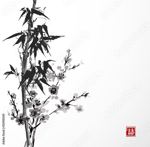 Bamboo and sakura on white backrgound. Traditional Japanese ink painting sumi-e. Contains hieroglyph - double luck.