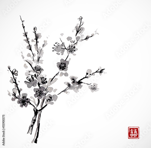 Sakura in blossom. Traditional Japanese ink painting sumi-e. Contains hieroglyph - double luck.