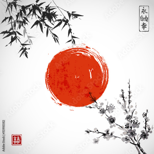 Carta da parati il sakura - Carta da parati Sun, bamboo and sakura in blossom. Traditional Japanese ink painting sumi-e. Contains hieroglyph - double luck.