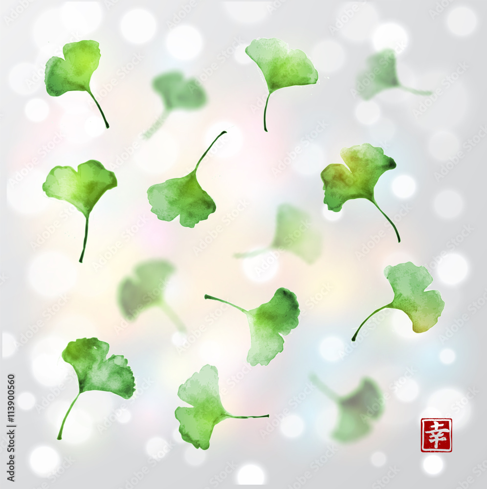 Fresh green ginkgo leaves isolated on white background. Traditional Japanese ink painting sumi-e. Contains hieroglyph - well-being.