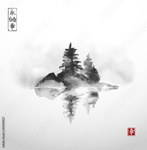 Little Island with three pine trees in fog with reflection in water. Traditional Japanese ink painting sumi-e. Contains hieroglyphs - eternity, freedom, happiness
