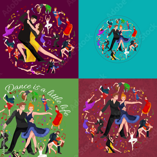 Vector illustration of couple dancing modern dance, Partners dance bachata, Dancing style design concept set, traditional dance flat icons isolated vector illustration, Man and woman ballroom dancing.
