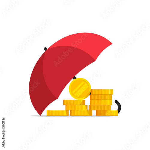 Money under umbrella vector illustration isolated on white background, concept of money protection, financial savings insurance, secure business economy, red umbrella golden coins money flat icon