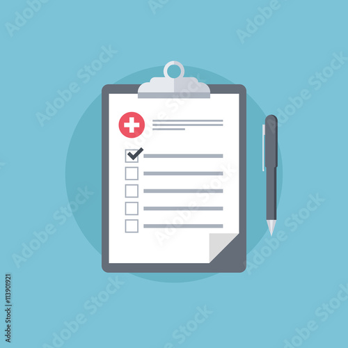 Medical report. Medical clipboard icon. First aid, diagnostic. Flat design vector illustration.