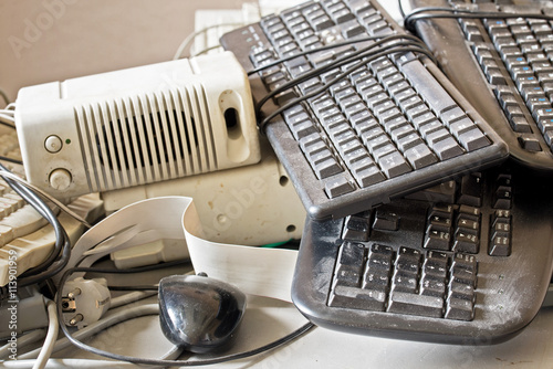 dirty old keyboard, mouse, speakers for electronic recycling