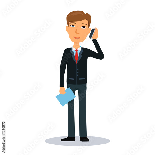 Businessman talking on a cell phone. Business man character. Broker, manager or dealer. Flat vector illustration.