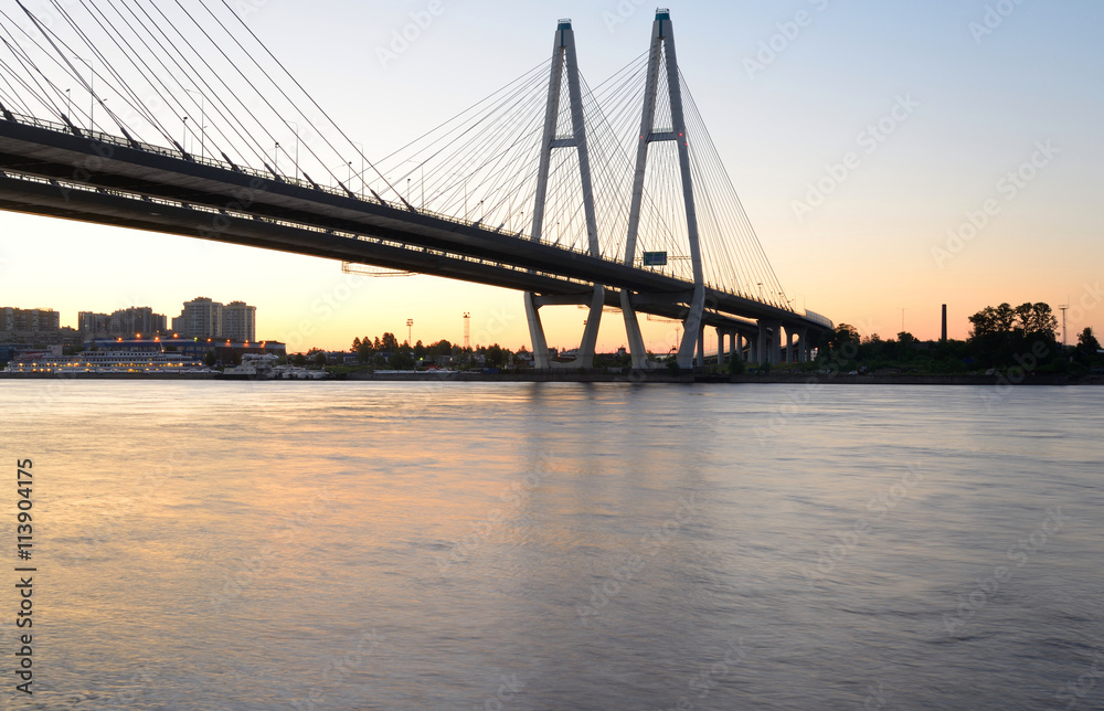 Cable-stayed bridge before sunset.