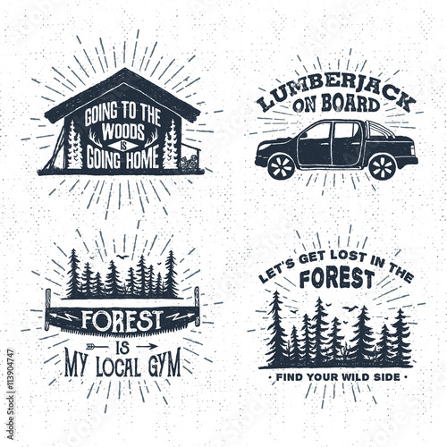 Hand drawn vintage badges set with textured wooden cabin, pickup truck, saw, and spruce forest vector illustrations and inspirational lettering.