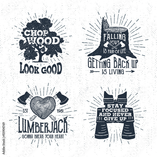 Hand drawn vintage badges set with oak tree, tree trunk, crossed axes, and binoculars vector illustrations and inspirational lettering.
