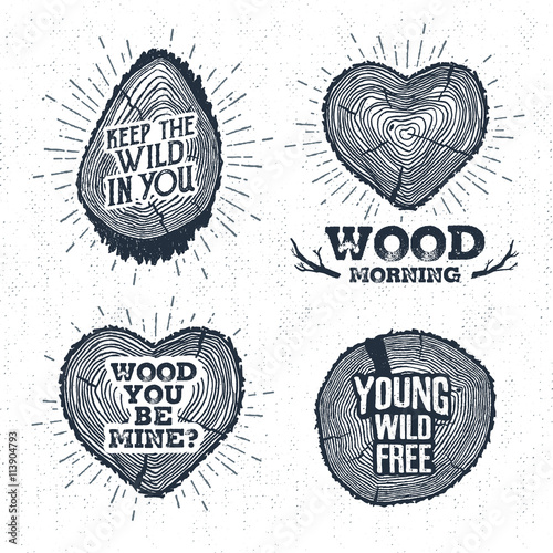 Hand drawn vintage badges set with textured tree trunks vector illustrations and inspirational lettering.