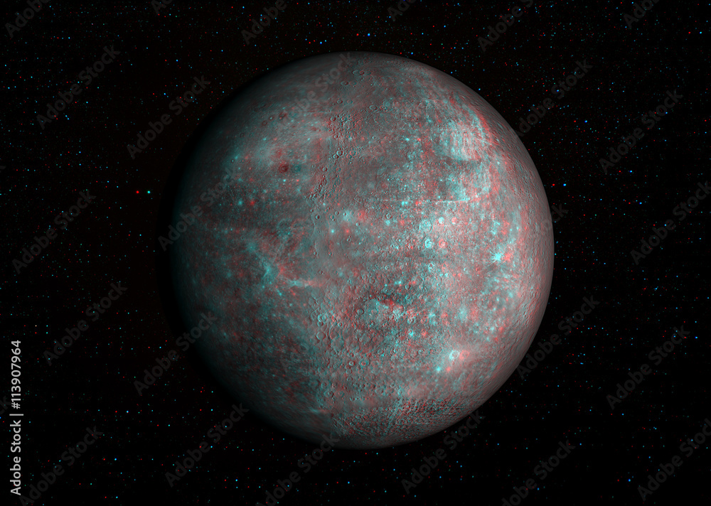 Fototapeta premium 3D anaglyph image of Mercury with stars in the background. Includes NASA data. View with red/cyan glasses.
