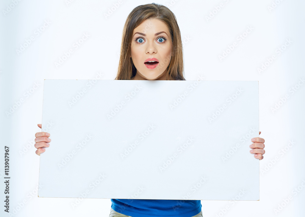 Surprised woman holding advertising board Surprised woman holding advertising board