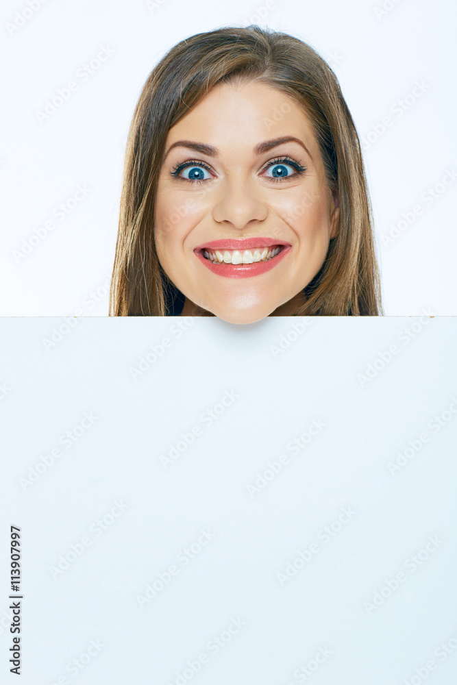 Woman face with board. Close up emotional portrait. Woman face with board. Close up emotional portrait.