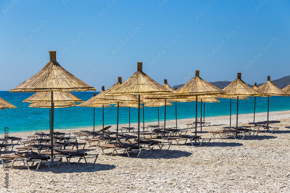 Umbrellas on the beach in Albania.