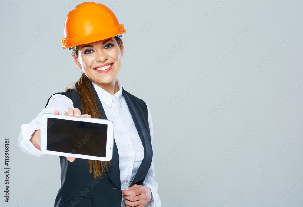Woman builder presents Tablet PC Woman builder presents Tablet PC
