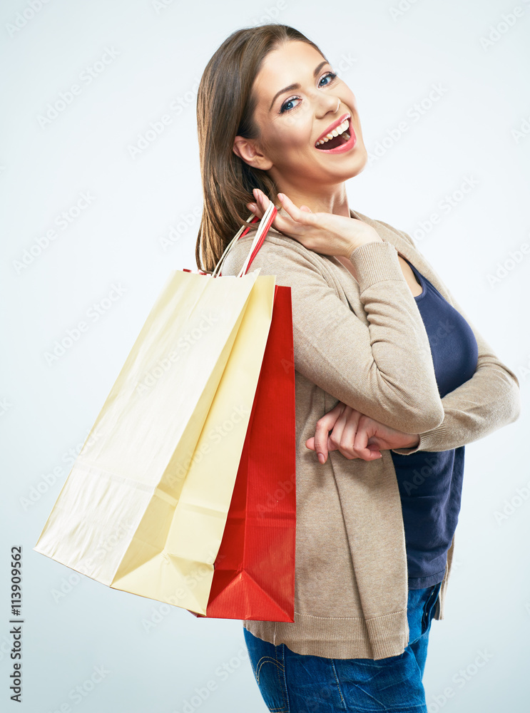 Happy woman hold shopping bags . White background Happy woman hold shopping bags . White background