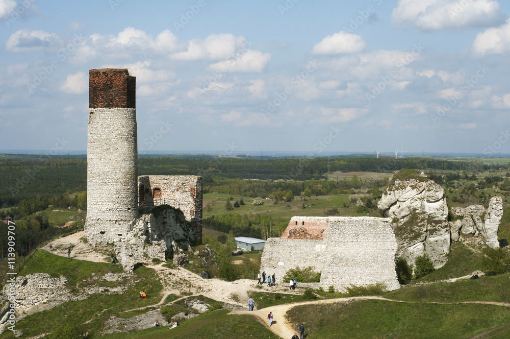White rocks and ruined medieval castle in Olsztyn, Poland