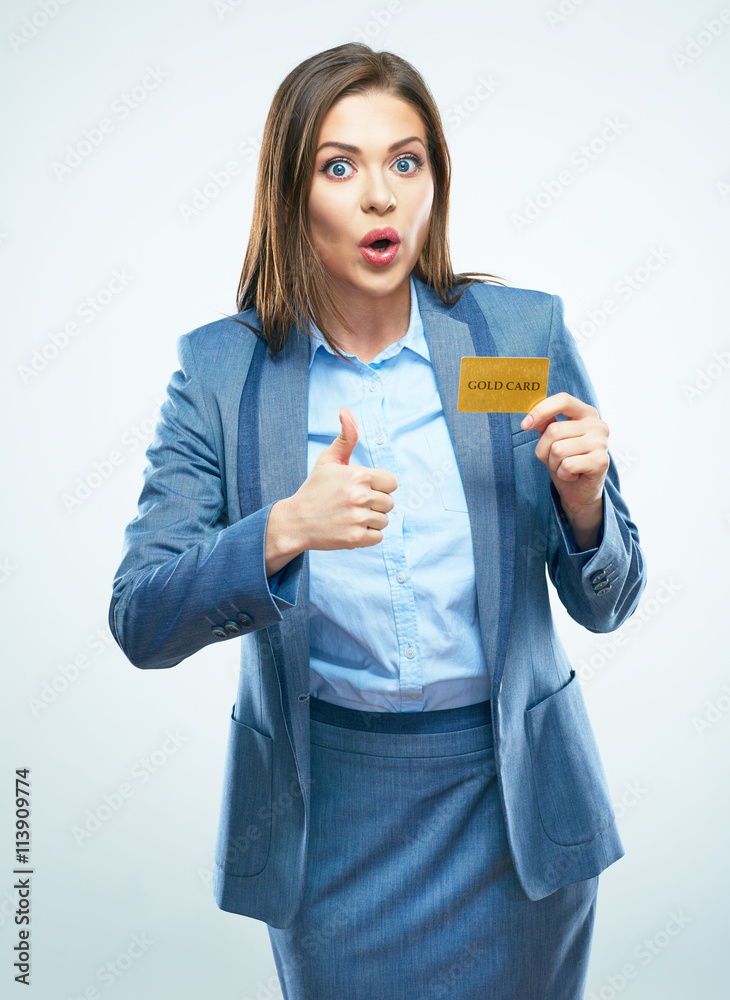 Surprised business woman in suit credit card show Surprised business woman in suit credit card show