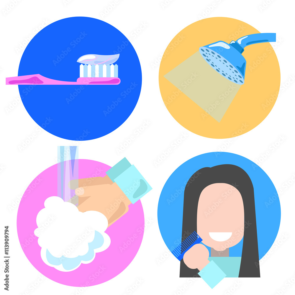 Flat style hygiene icons, vector illustration of personal care