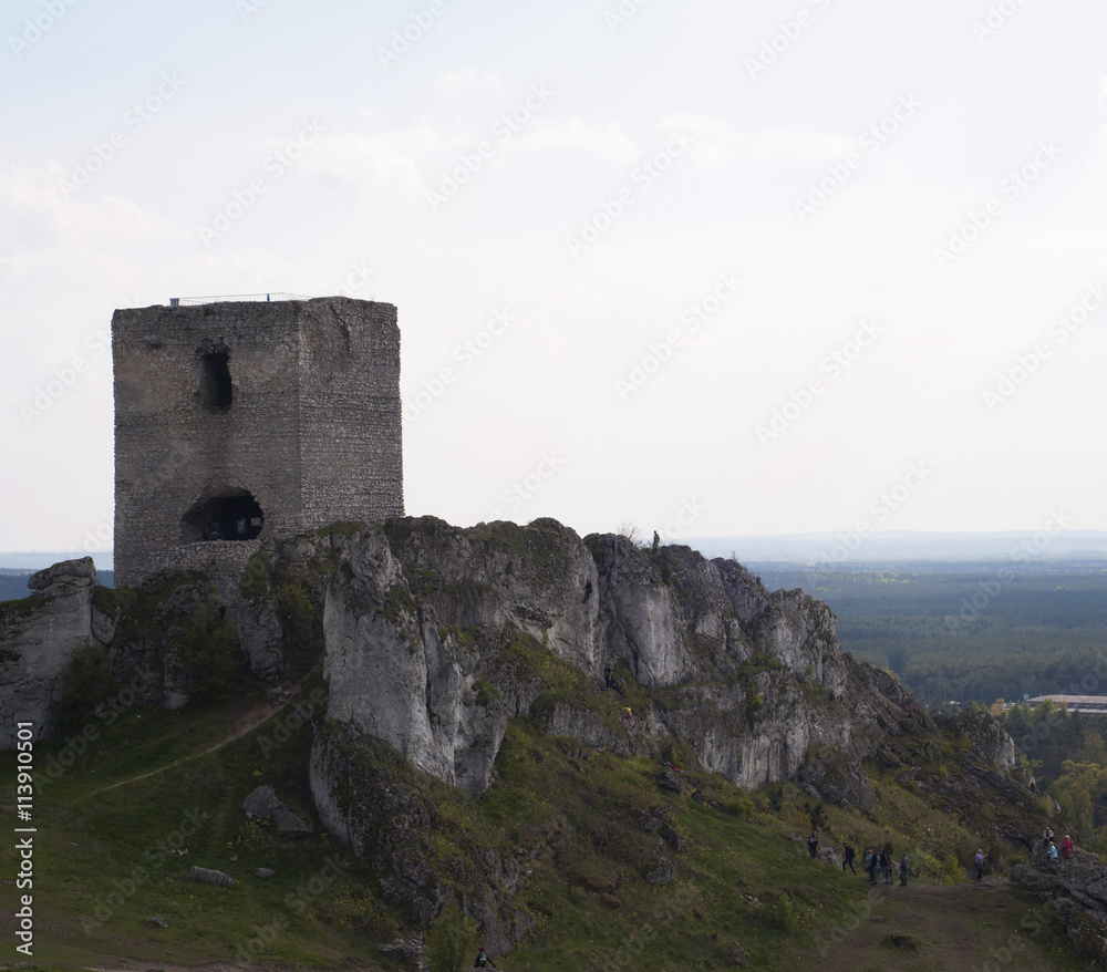 White rocks and ruined medieval castle in Olsztyn, Poland