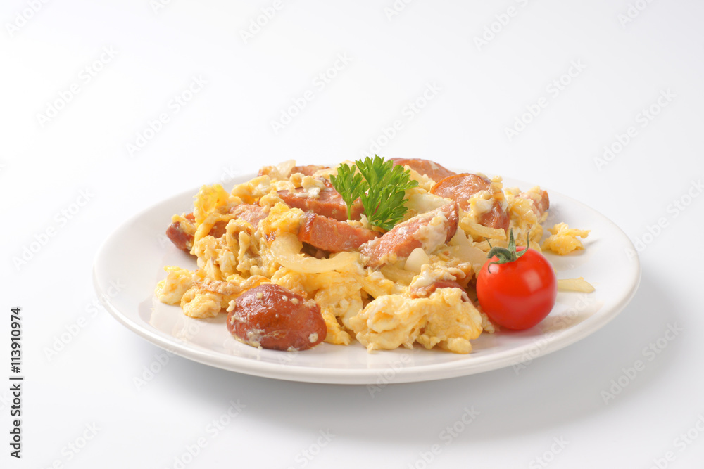 scrambled eggs with sliced sausage scrambled eggs with sliced sausage