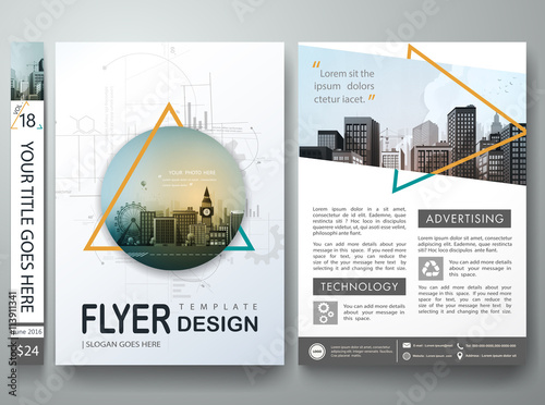 Flyers design template vector.Business brochure report magazine poster template.Cover book portfolio presentation.Abstract green triangle on A4 poster layout design.City design on brochure background.