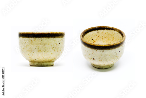 Small cup or sake cup print pattern color yellow and brown.