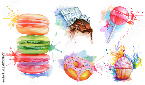 Watercolor confectionery set, vector icon collection with candy lollipop, macaroons, birthday cupcake, chocolate bar, donut with pink glaze. Delicious food for a sweet tooth