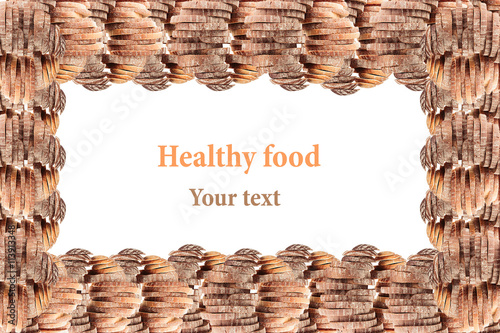 Decorative edging of the piles of black rye bread and white bread on a white background. Isolated. Frame. Concept art. Food background. Copy space.