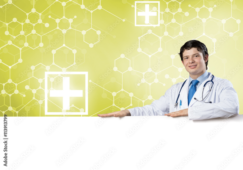 Doctor with banner Doctor with banner