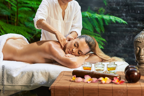 Canvas Print asian back massage theraphy spa hot stone