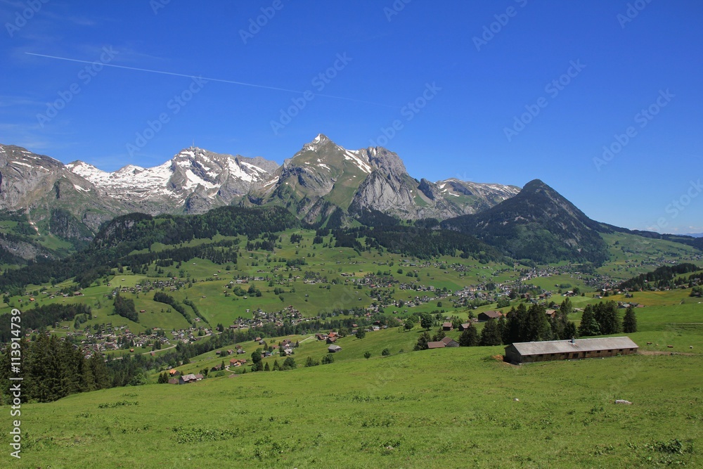 Toggenburg valley and Mt Saentis in spring