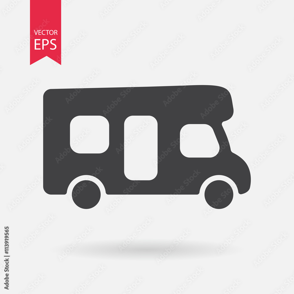 Motorhome icon. Camping sign. Camper van isolated on white background. Flat design style