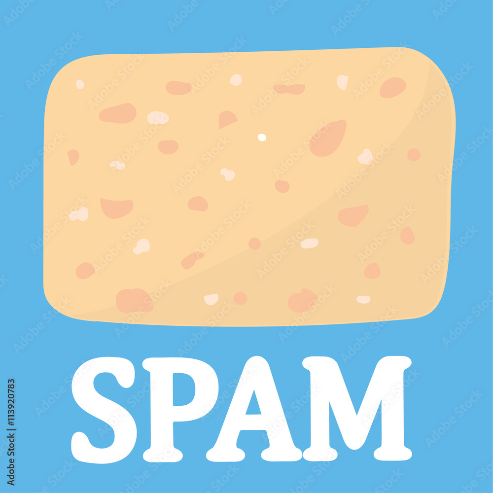Flat slice of pink spam or luncheon meat on a blue background above the word spam added in white text 