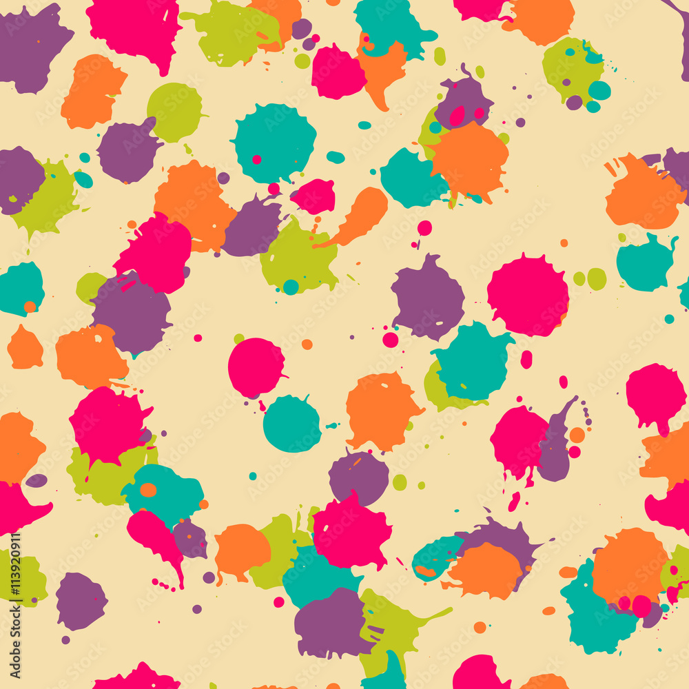 Vector seamless blot pattern in psychedelic. Colorful design for textile, fabric, wrapping, cover, website, background. Baby watercolor pattern in orange, blue, green, purple, pink