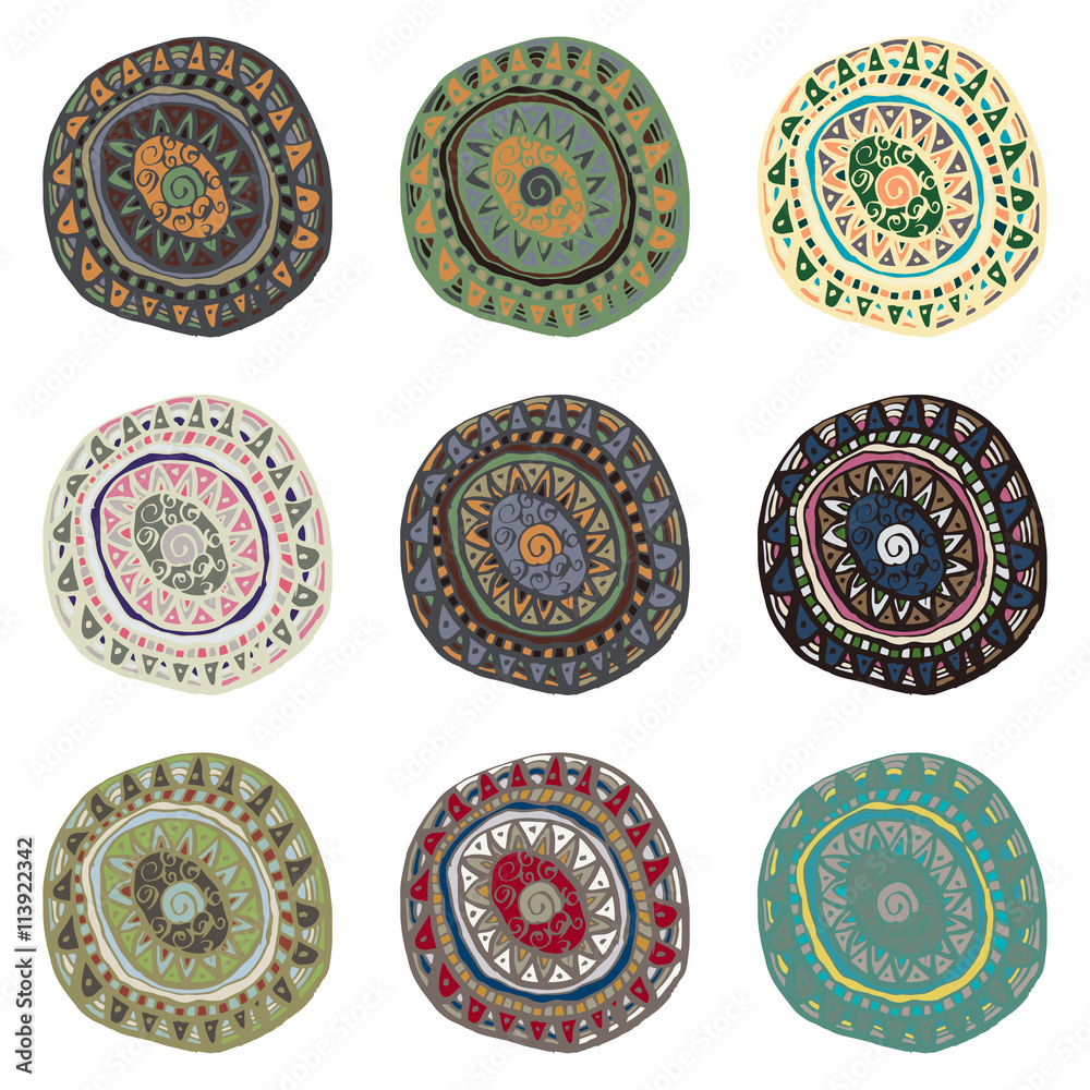 Hand drawn colorful Indian art ornaments in boho style weaves an