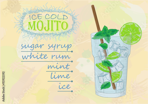 Nice mojito of ice cold glass on a color background. Soda with w