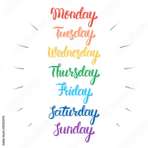 Handwritten days of the week. Calligraphic isolated set in colorful ink. Vector