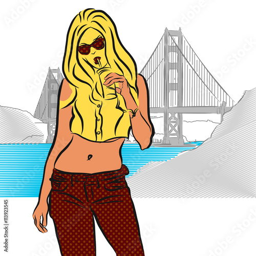Frau mit Lolypop vor Golden Gate Bridge