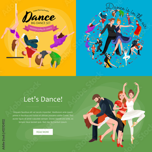 Group of dancing people  yong happy man and woman dance together and in a couple  girl sport dancer  happy boy  dance background vector illustration pictogram isolated