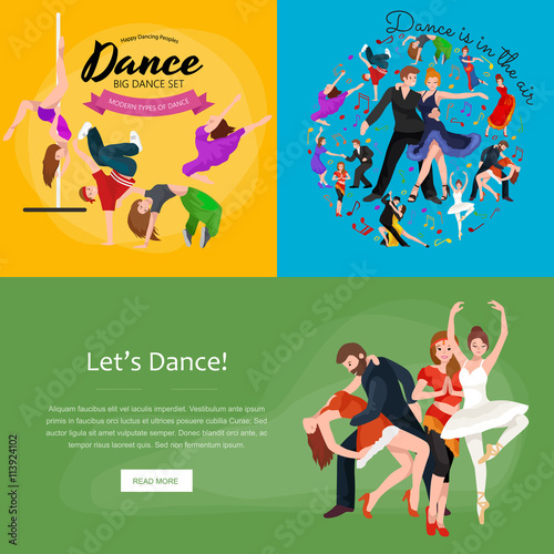 Group of dancing people, yong happy man and woman dance together and in a couple, girl sport dancer, happy boy, dance background vector illustration pictogram isolated