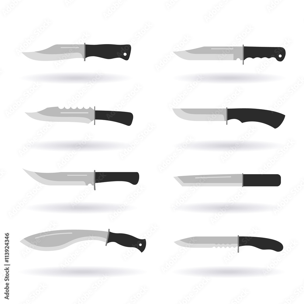Army knives collection. Flat military icons of combat knives with shadows. Stock knife vector illustration. Army knives collection. Flat military icons of combat knives with shadows. Stock knife vector illustration.
