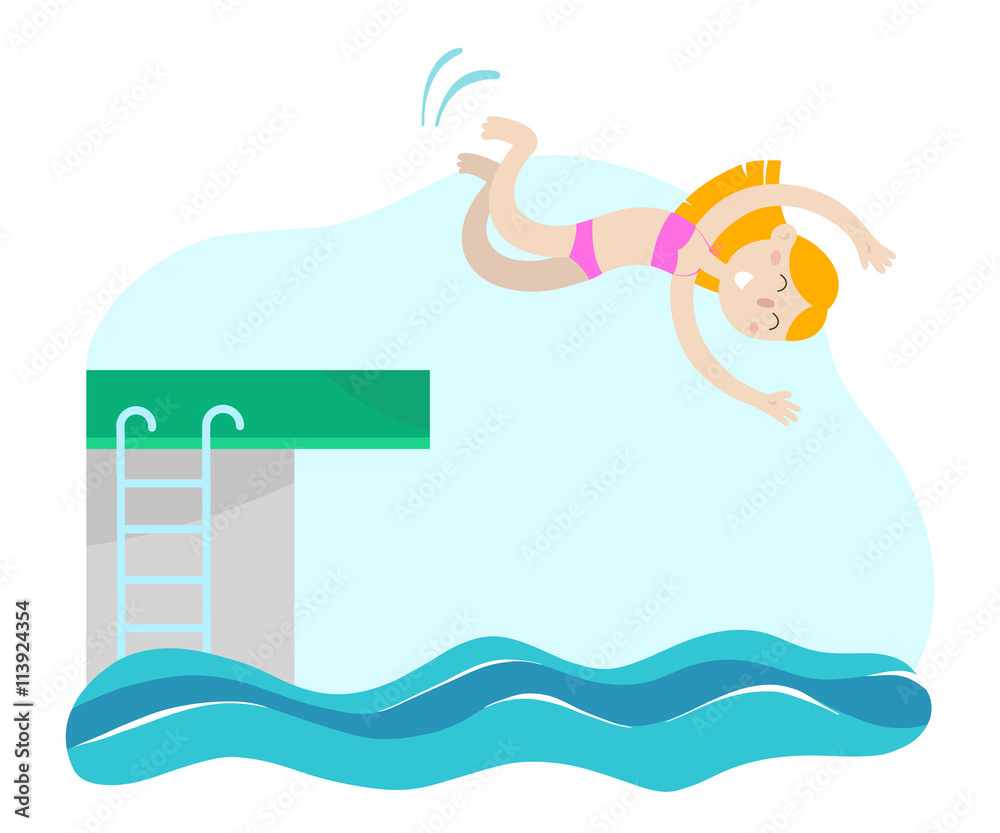 Young girl jumping into the water from heights. Summer vacation, sport