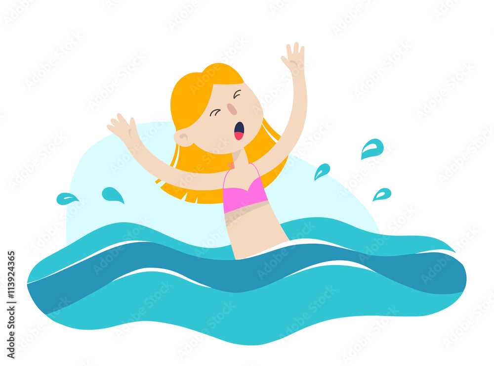 Young girl drowning in water. Emergency situation, accident concept. Vector flat illustration