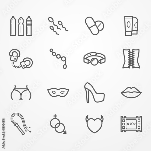 Set of sex shop icons in line style. Sex shop vector stock image. Collection of typical sex shop symbols - adult toys, condom, handcuff, pills, underwear.