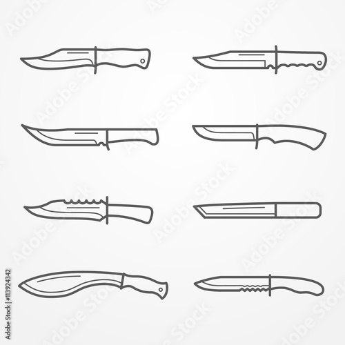 Collection of army knives icons. Typical combat knife in line style. Knife stock vector illustration.