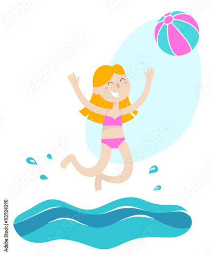 Happy young girl playing with ball in water. Summer holidays concept. Vector flat illustration