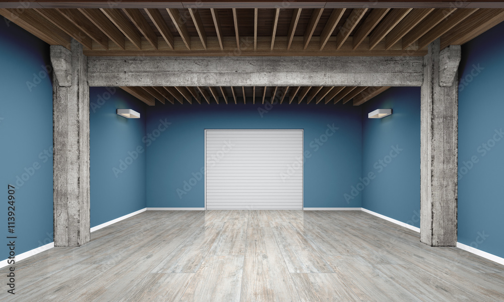 Fototapeta premium 3d empty garage with metallic roller shutter door on white background