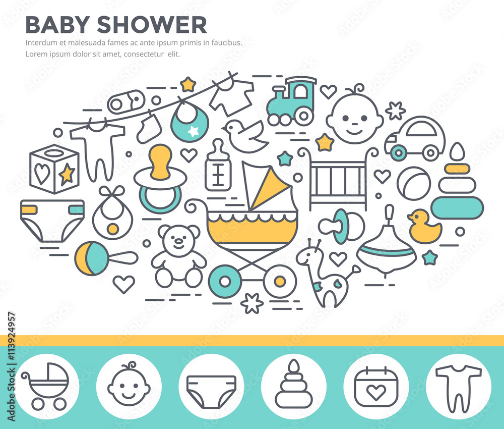 Baby shower invitation template, thin line, flat design Baby shower invitation template, thin line, flat design
